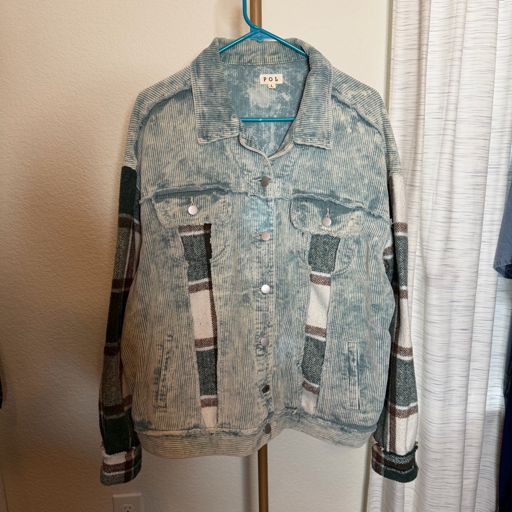 POL Green Corduroy Flannel Pockets Jacket Shacket